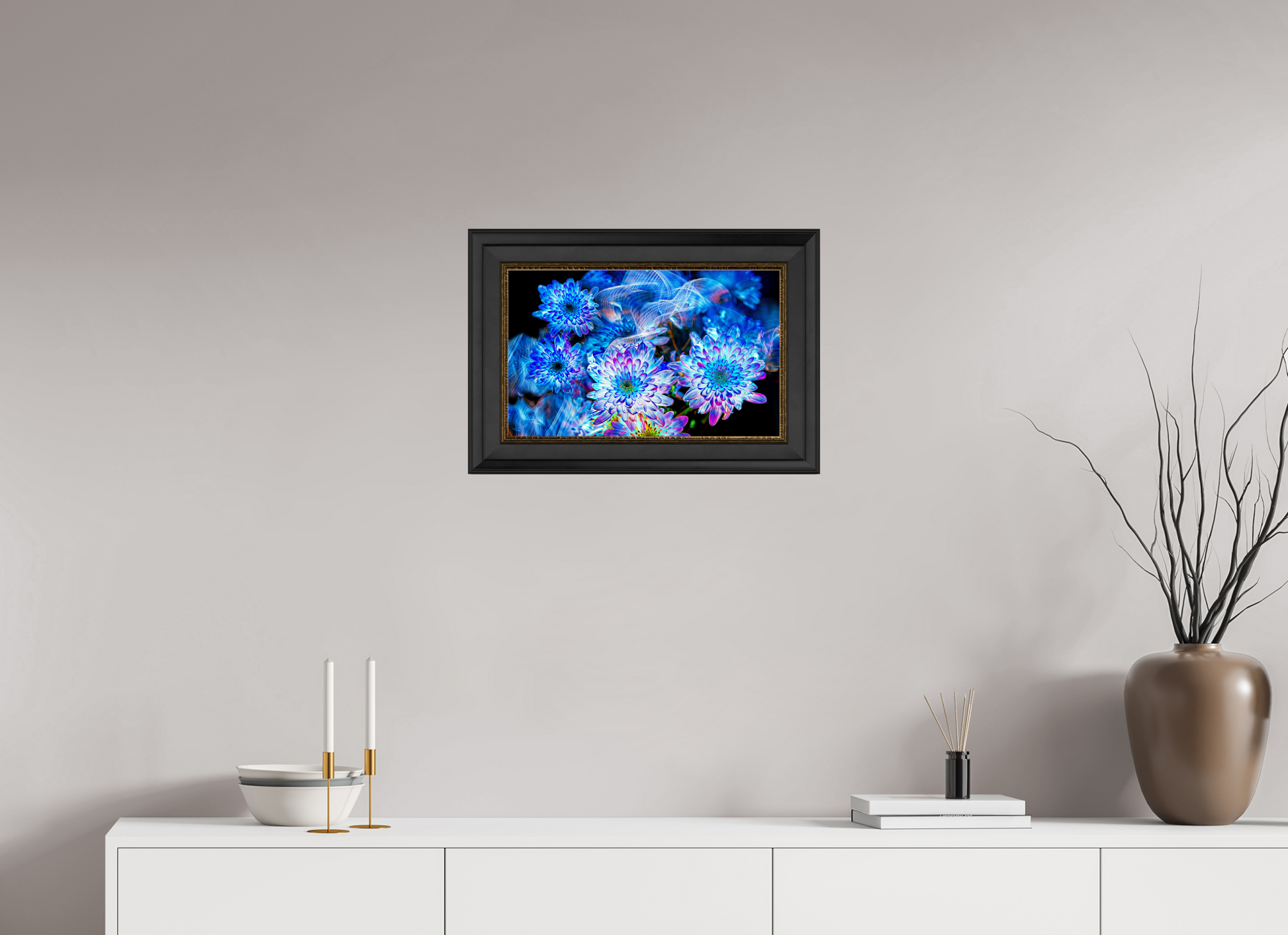 48 x 30 cm, 11 Black-Gold Frame Blooms in the Celestial Current